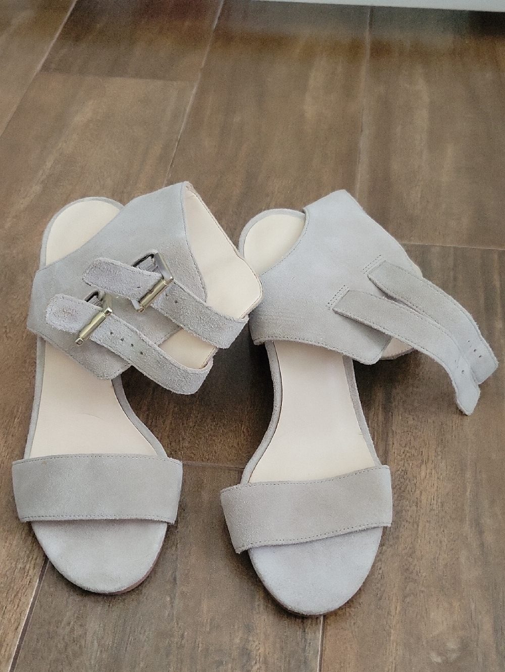 Nine West Light Gray Suede Double-Strap Sandals with Buckle